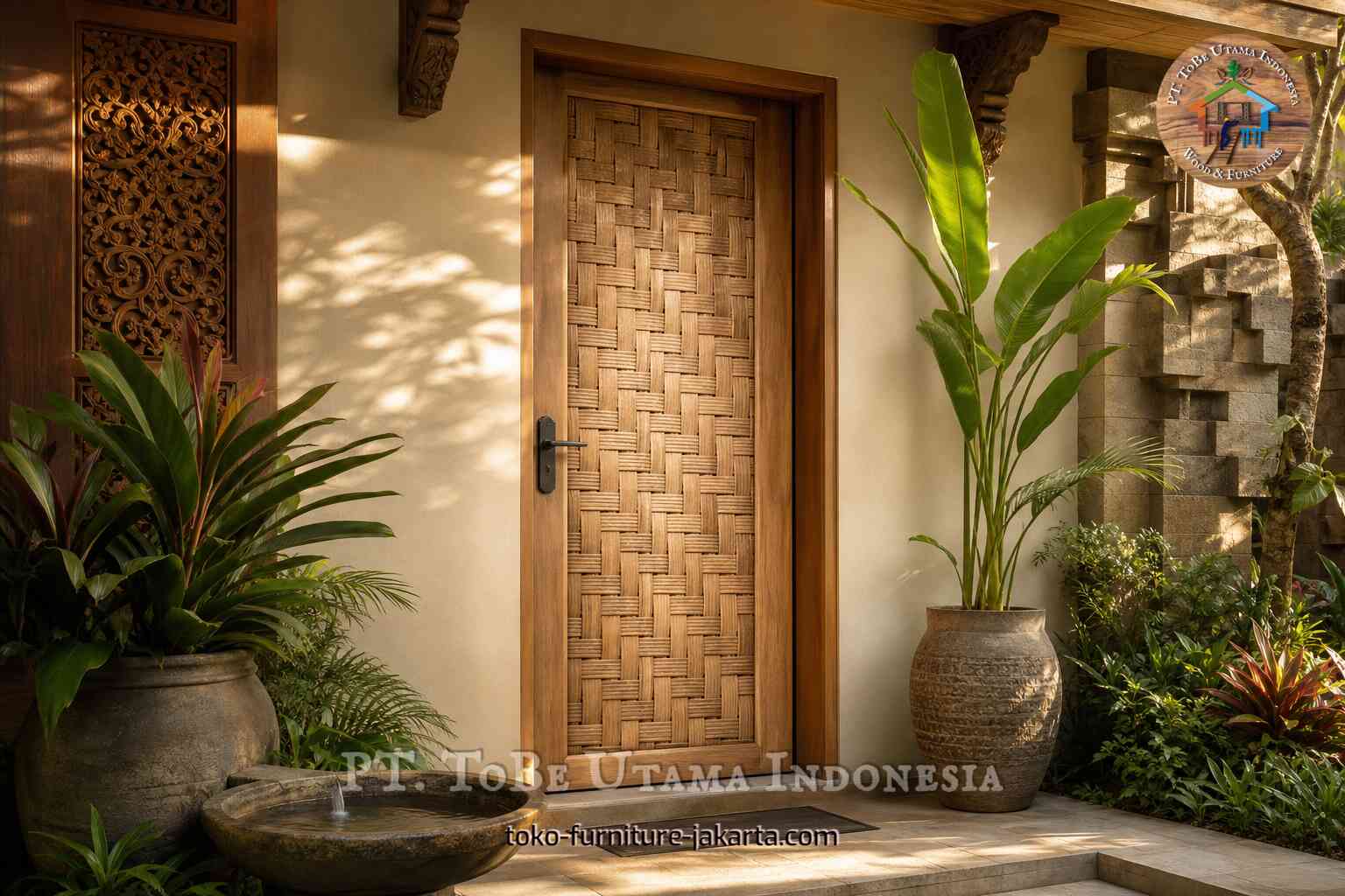 Pintu masuk taman dengan finishing kayu dan panel tengah bergaya anyaman.