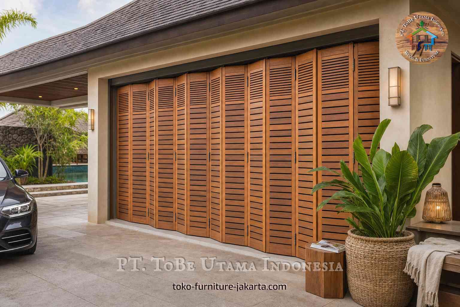 Wide wood-finish facade with horizontal slats beside a driveway