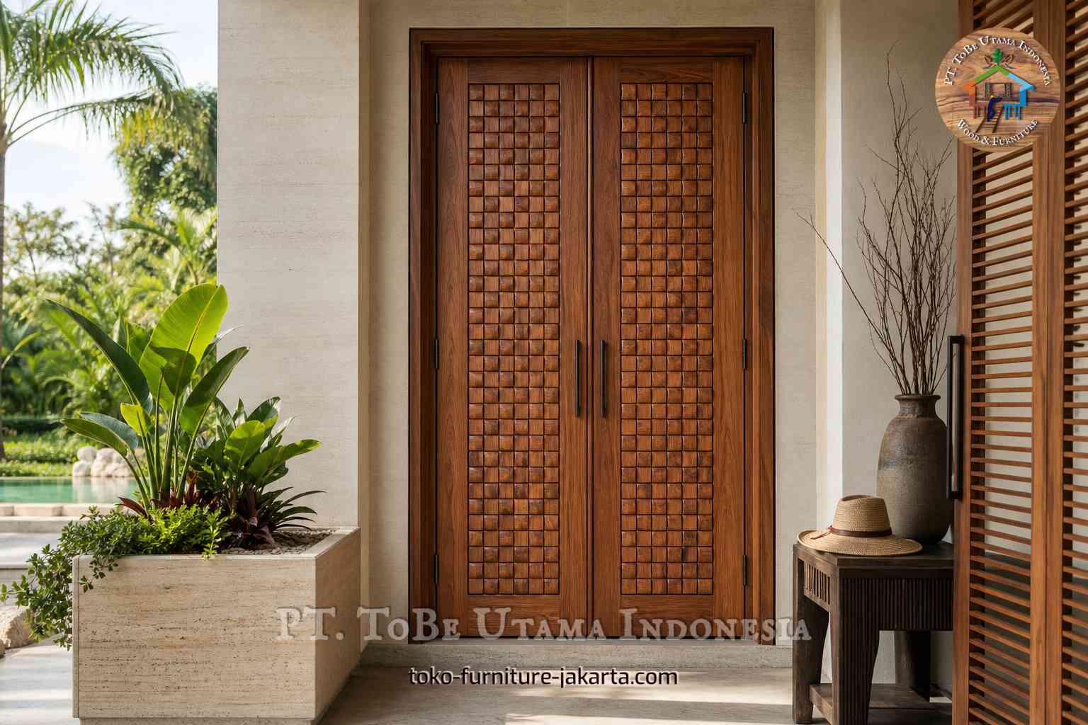 Pintu masuk ganda dengan finishing kayu dan pola timbul persegi kecil.