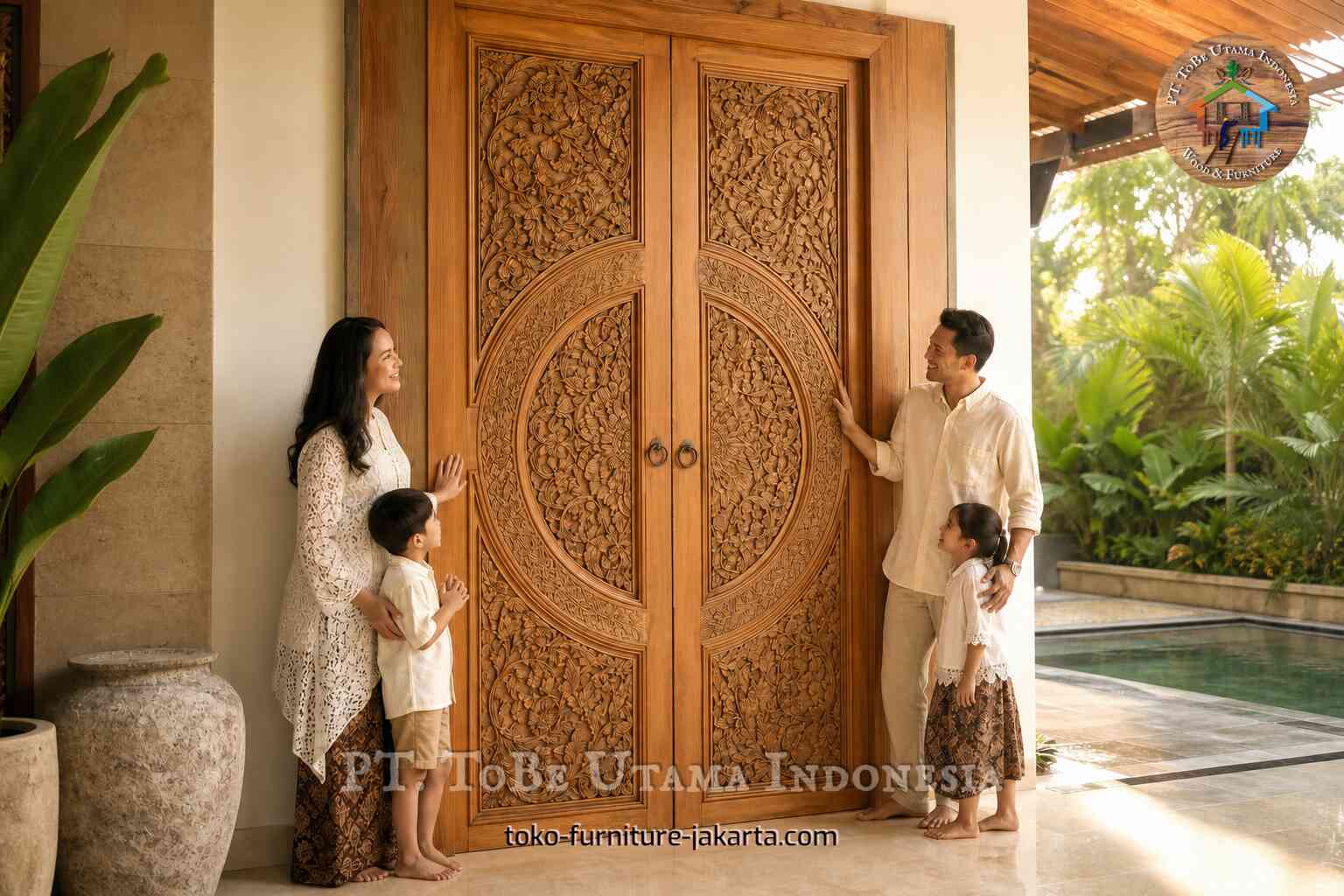 Pintu ganda besar berfinishing kayu dengan relief bunga di area pintu masuk tepi kolam renang.