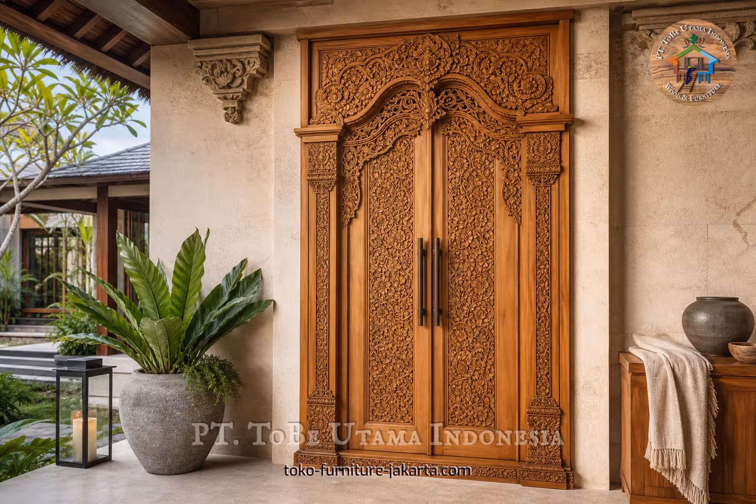 Ornamental wood-finish double entry doors with detailed relief panels