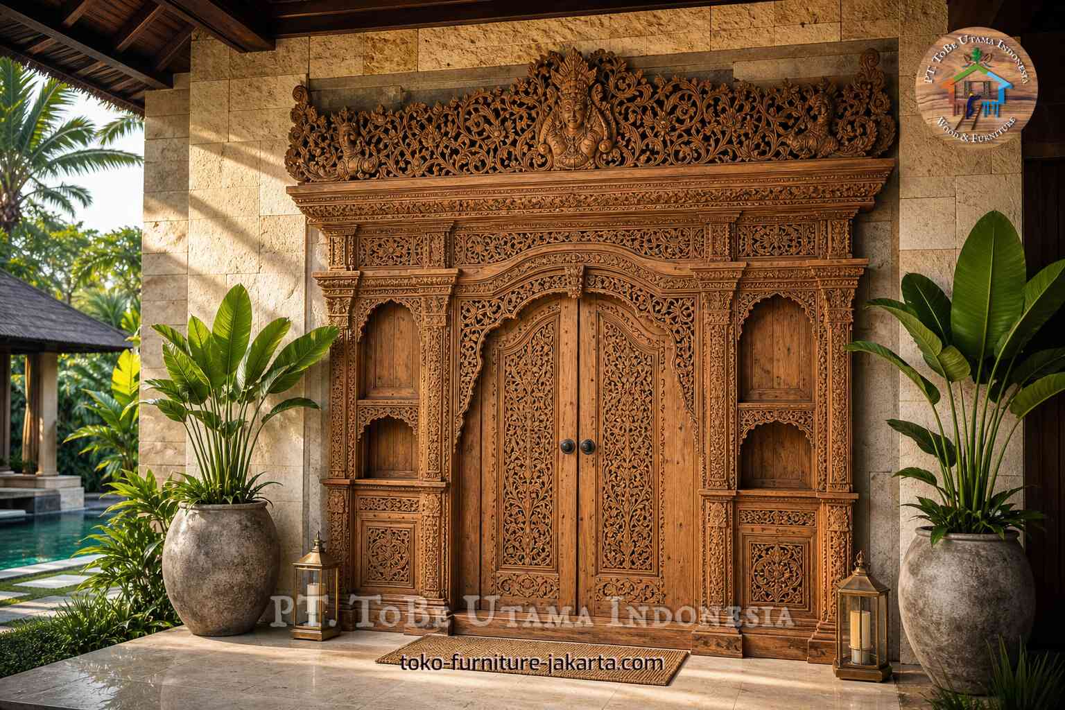 Pintu masuk lebar berhias dengan finishing kayu, pintu ganda, dan panel samping.