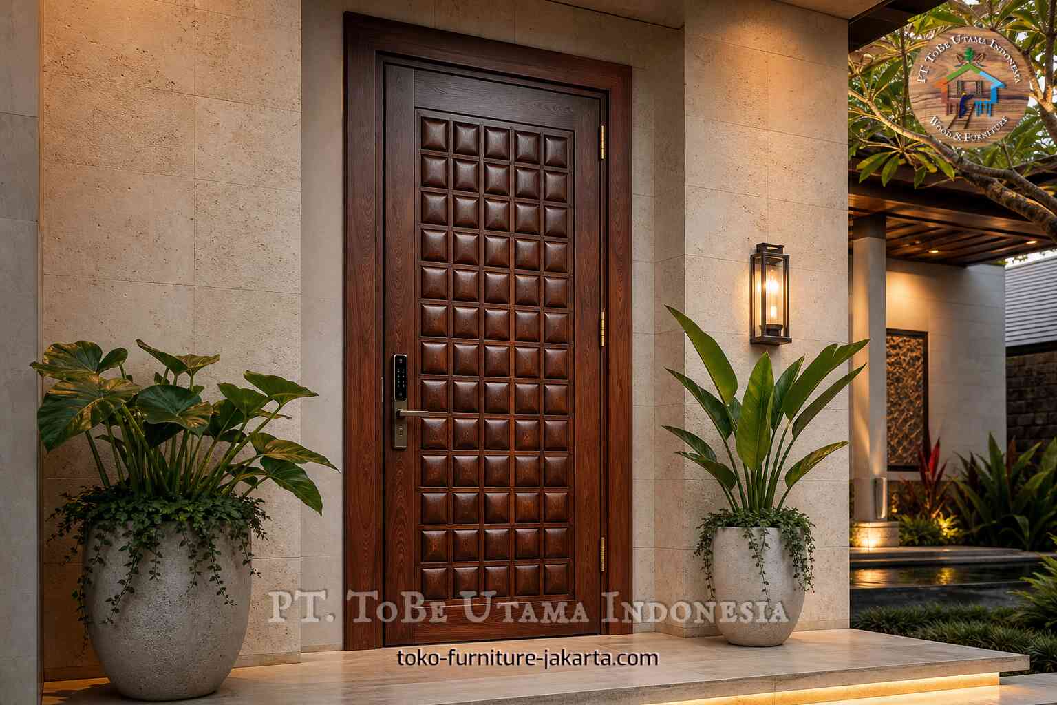 Pintu masuk eksterior dengan finishing kayu dan panel relief timbul berbentuk persegi.