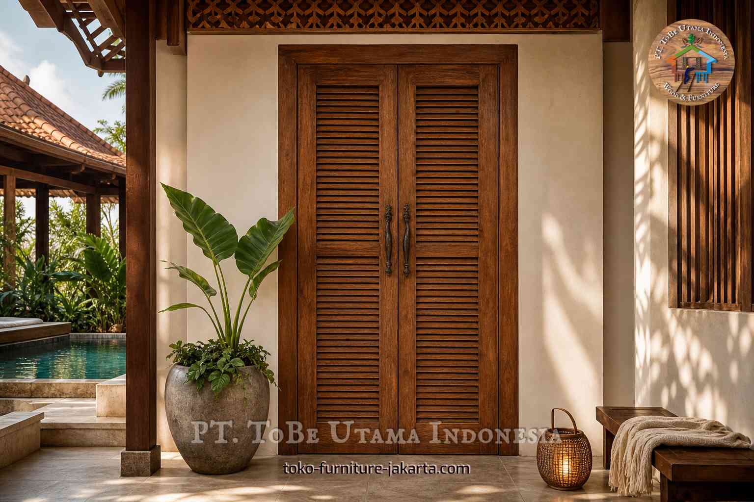 Double wood-finish louvered entry doors on a covered terrace