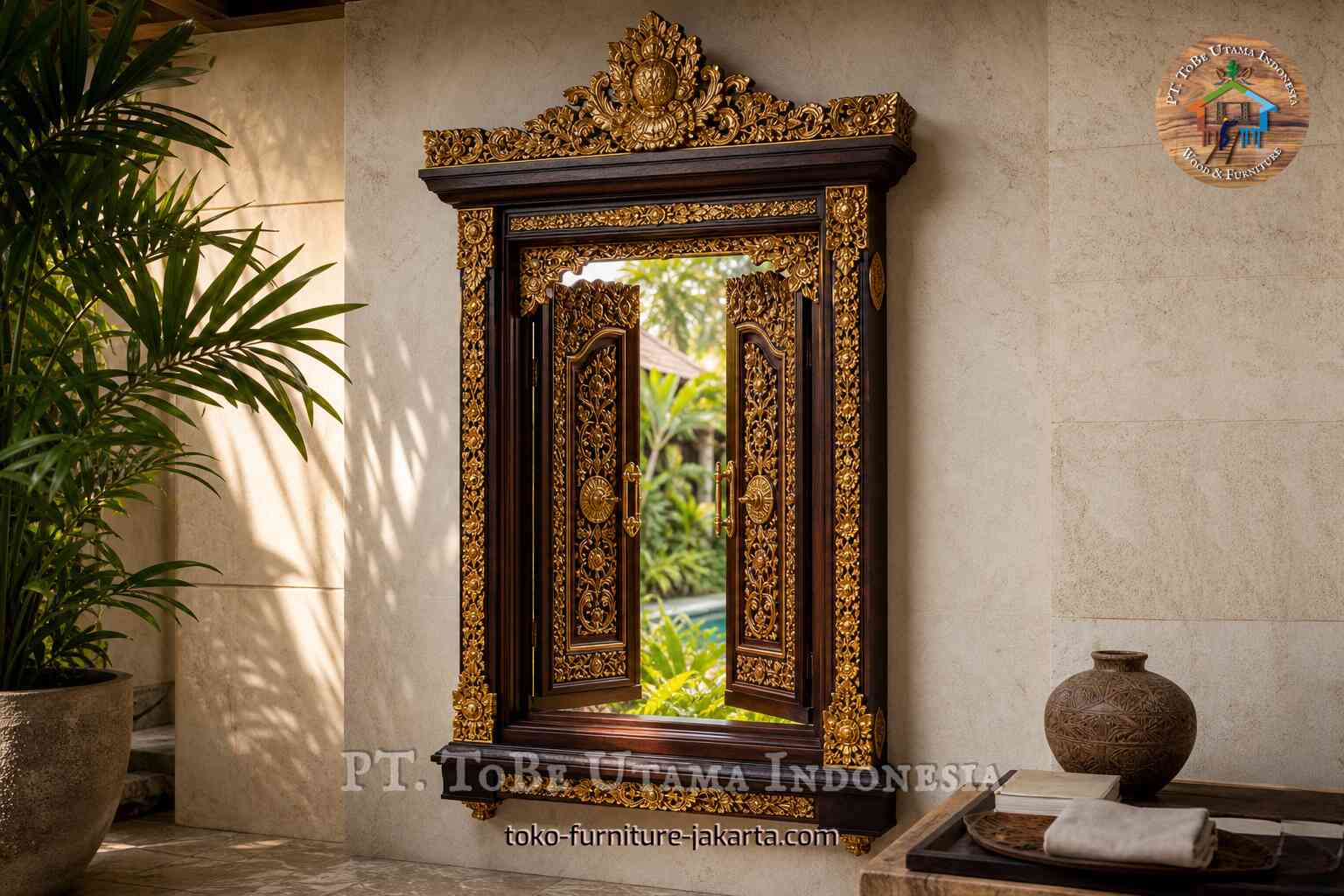 Bingkai jendela berhias dengan finishing kayu dan panel bagian dalam terbuka pada dinding teras.