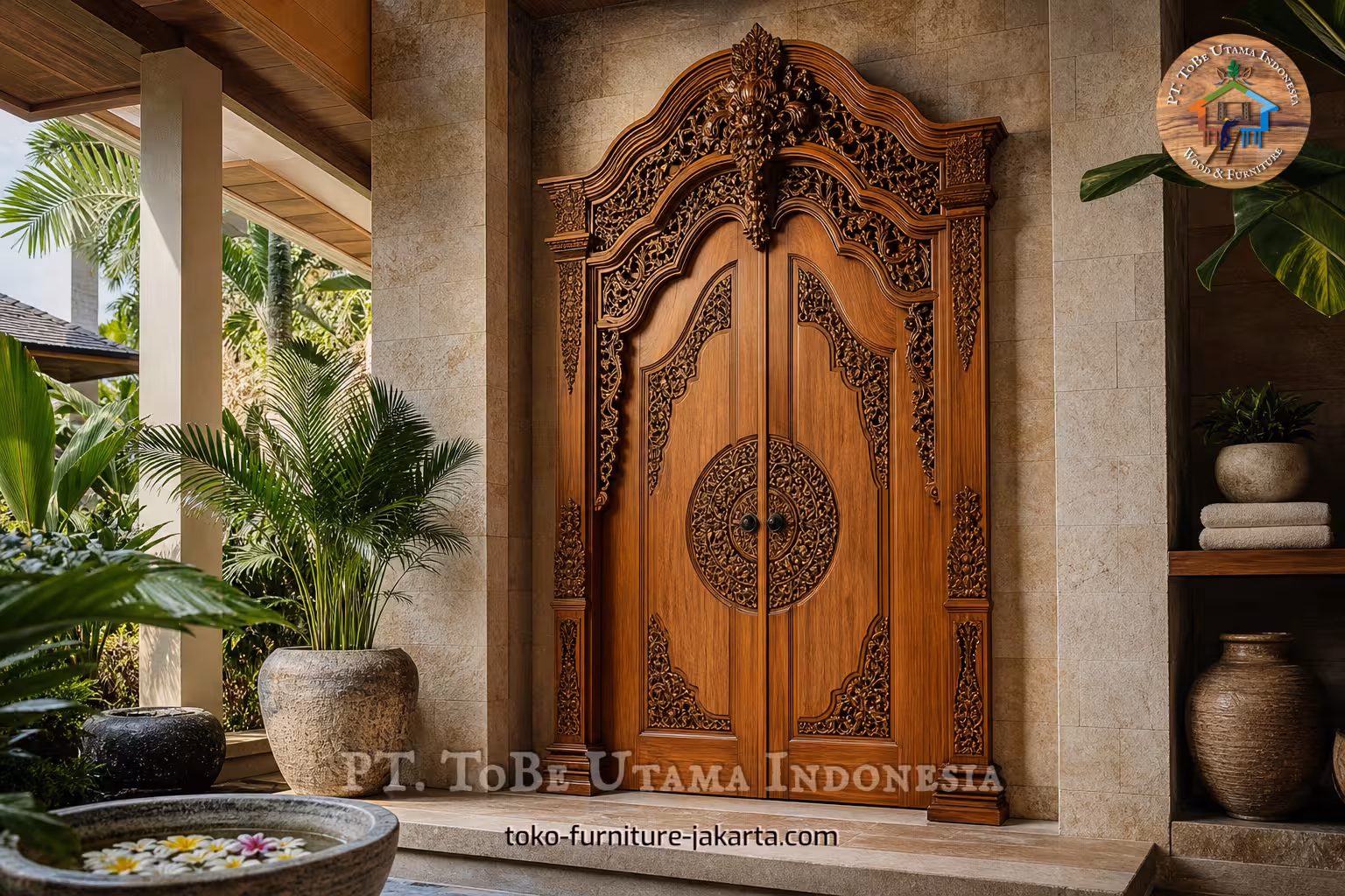 Pintu masuk ganda berhias dengan finishing kayu dan bingkai lengkung berukiran.