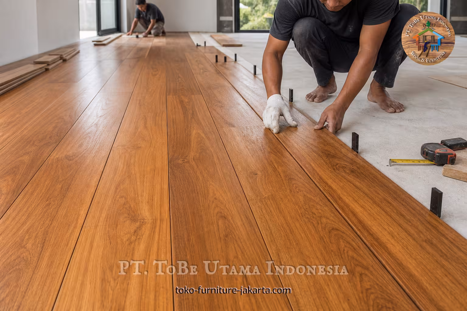 Papan lantai dengan finishing kayu sedang dipasang di ruangan interior yang terang.