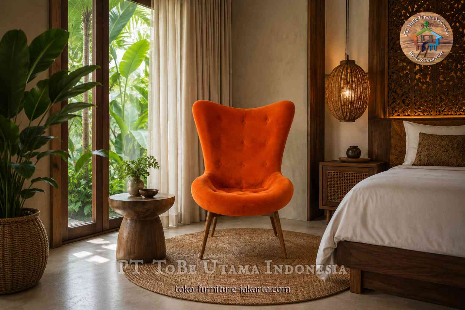 Kursi santai berlapis kain oranye di samping tempat tidur dalam interior kamar tidur yang hangat.