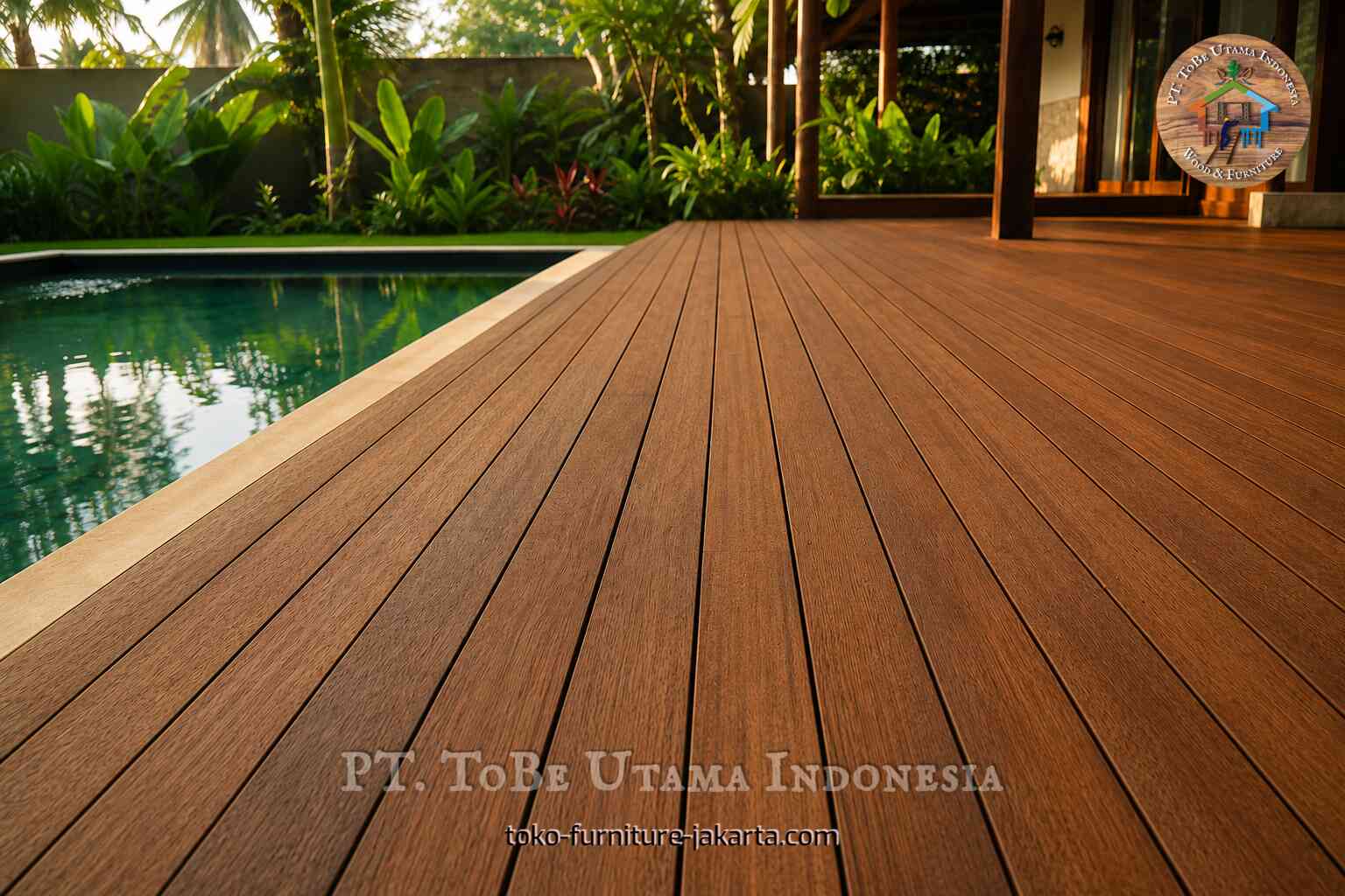 Wood-finish deck planks installed beside a pool