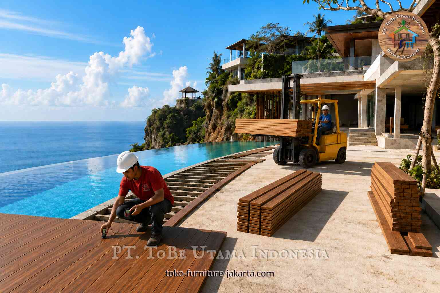 Papan dek kayu sedang dipasang di samping kolam renang tanpa batas (infinity pool).