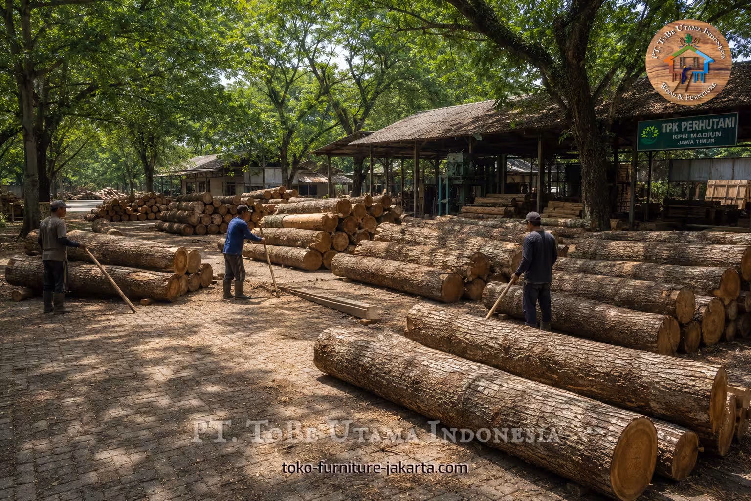 Tumpukan kayu gelondong bundar di tempat penyimpanan kayu dengan para pekerja di dekatnya.