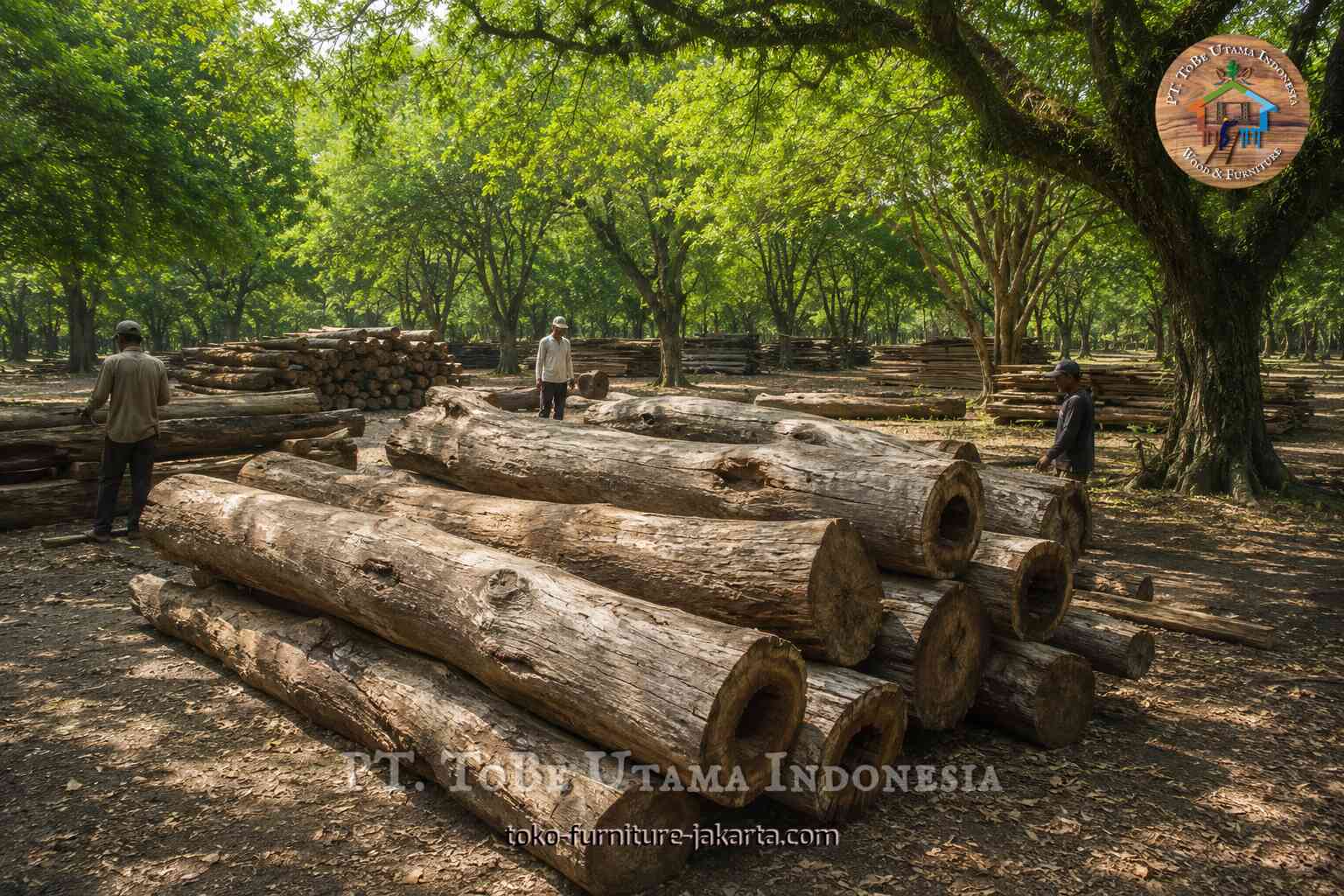 Kayu gelondongan yang lapuk ditumpuk di area penyimpanan hutan yang teduh.