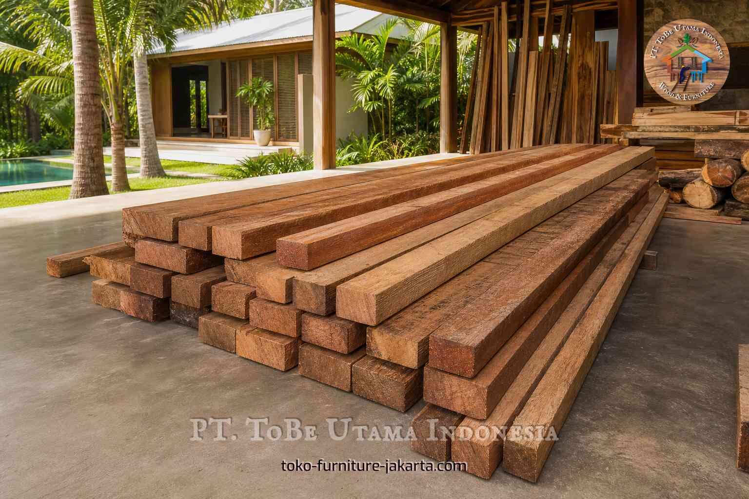 Stacks of rectangular timber beams in a covered outdoor work area