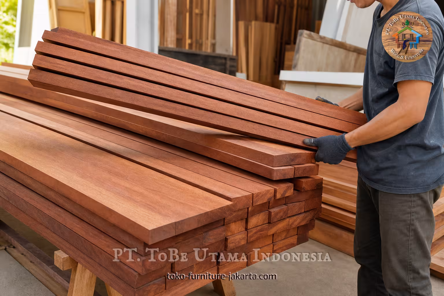 Worker handling stacked wood planks in a workshop