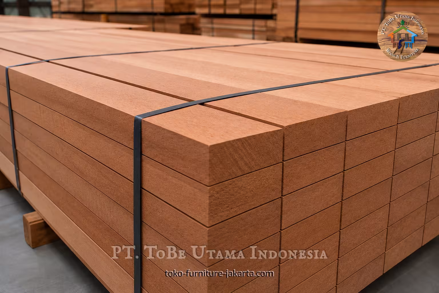 Tumpukan papan kayu persegi panjang yang diikat di tempat penyimpanan material.