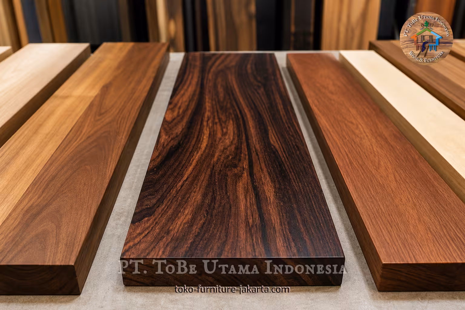 Papan sampel kayu yang dipoles dengan berbagai corak warna di atas meja pajangan.