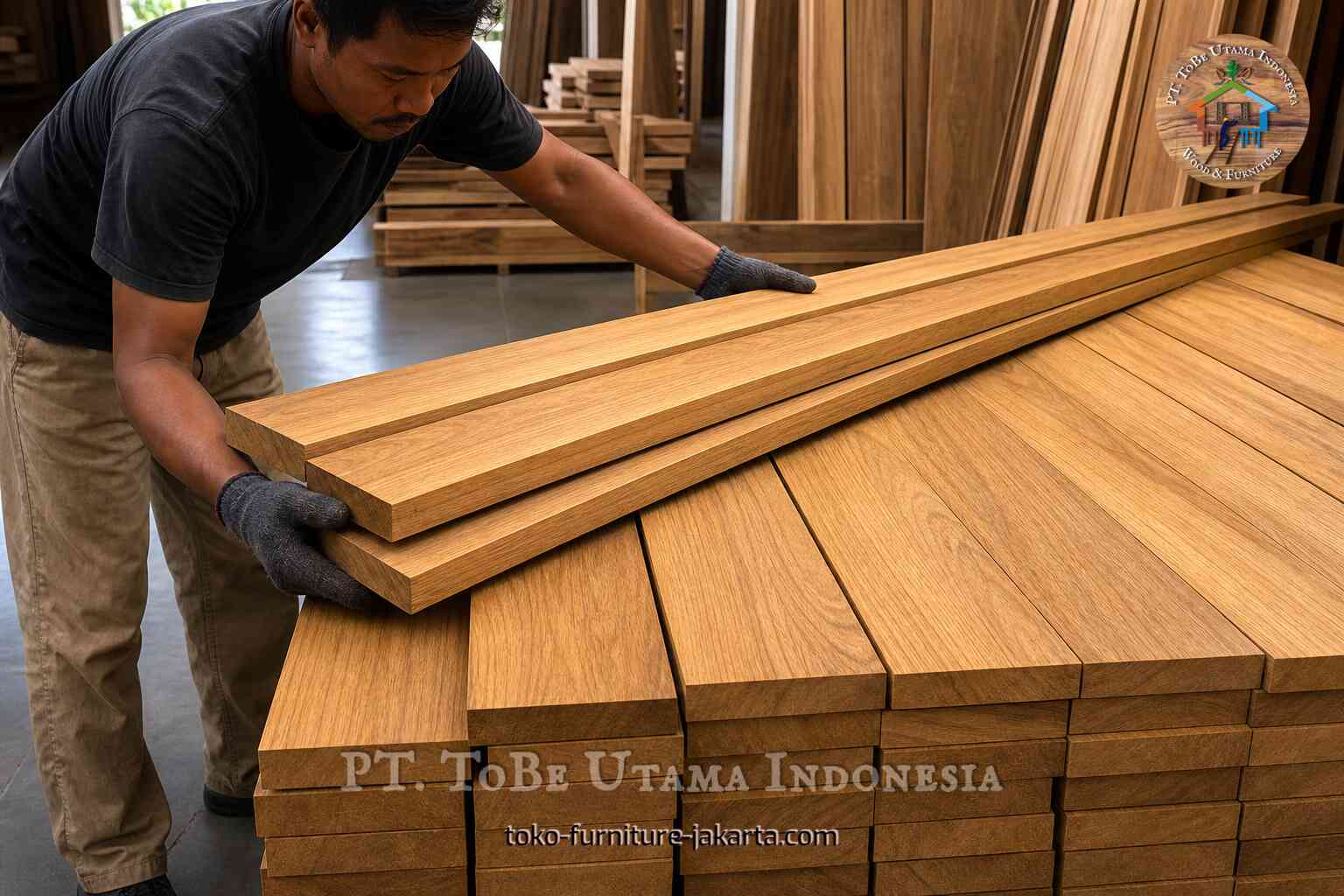 Worker handling light wood planks stacked in a workshop