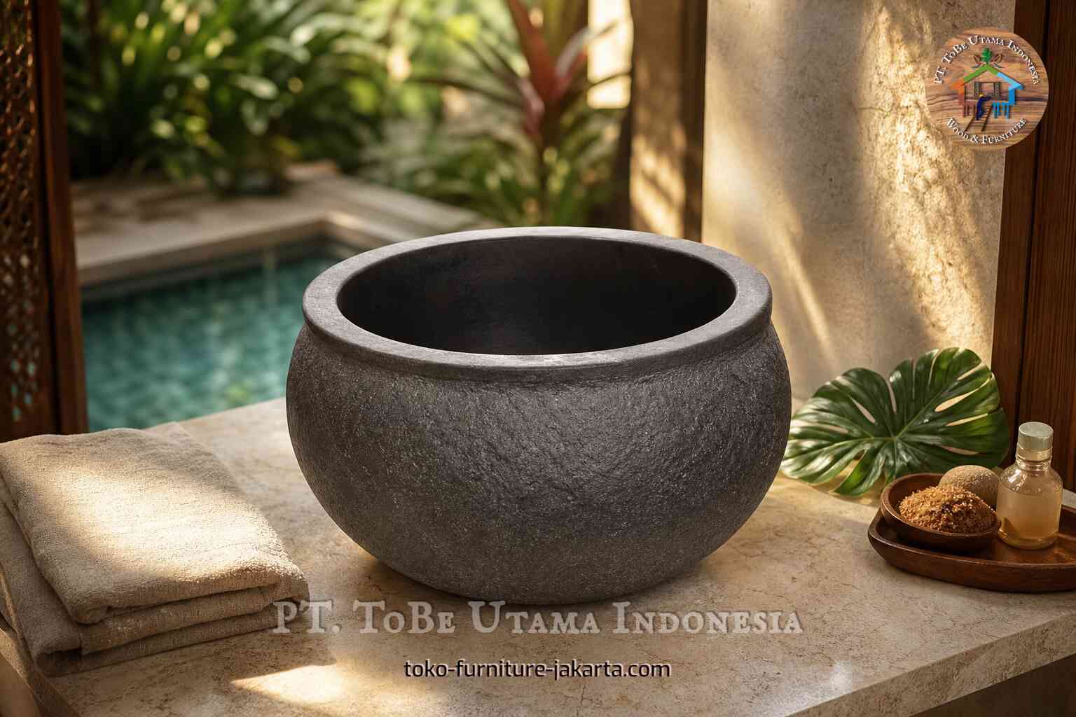 Round stone-look vessel sink on a bathroom vanity counter