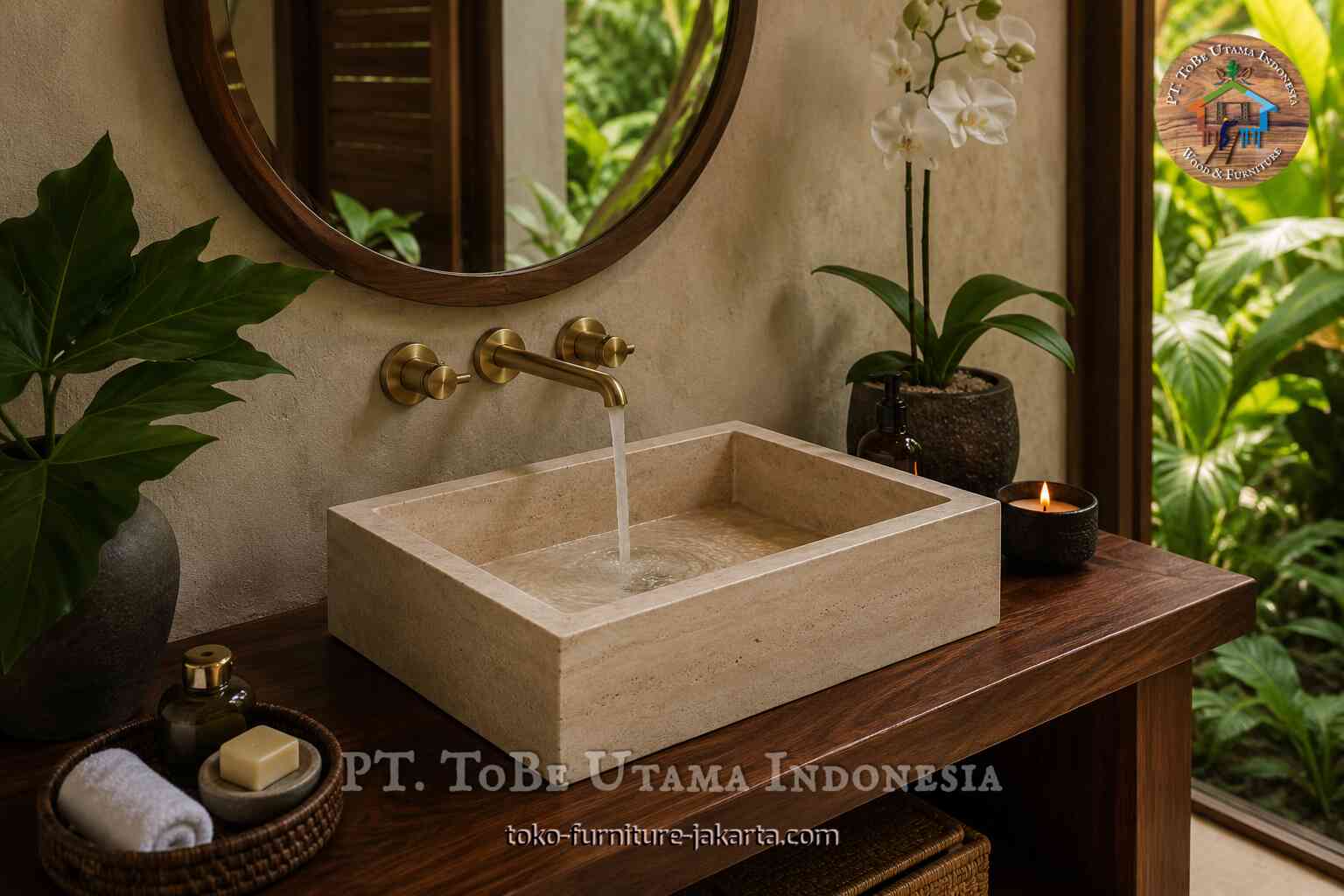 Rectangular stone-look vessel sink with wall-mounted faucet
