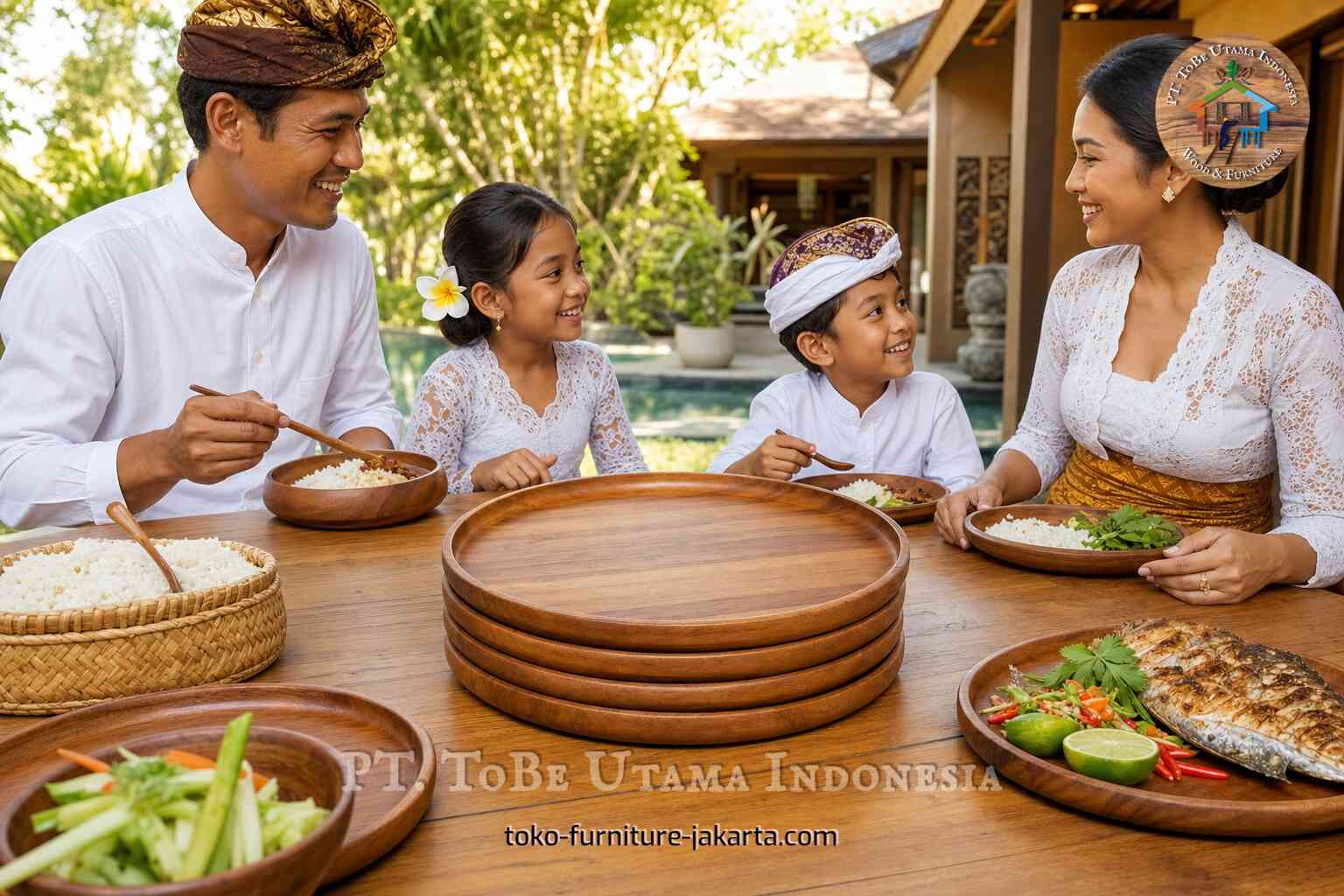 Round wood-finish serving plates stacked on a dining table