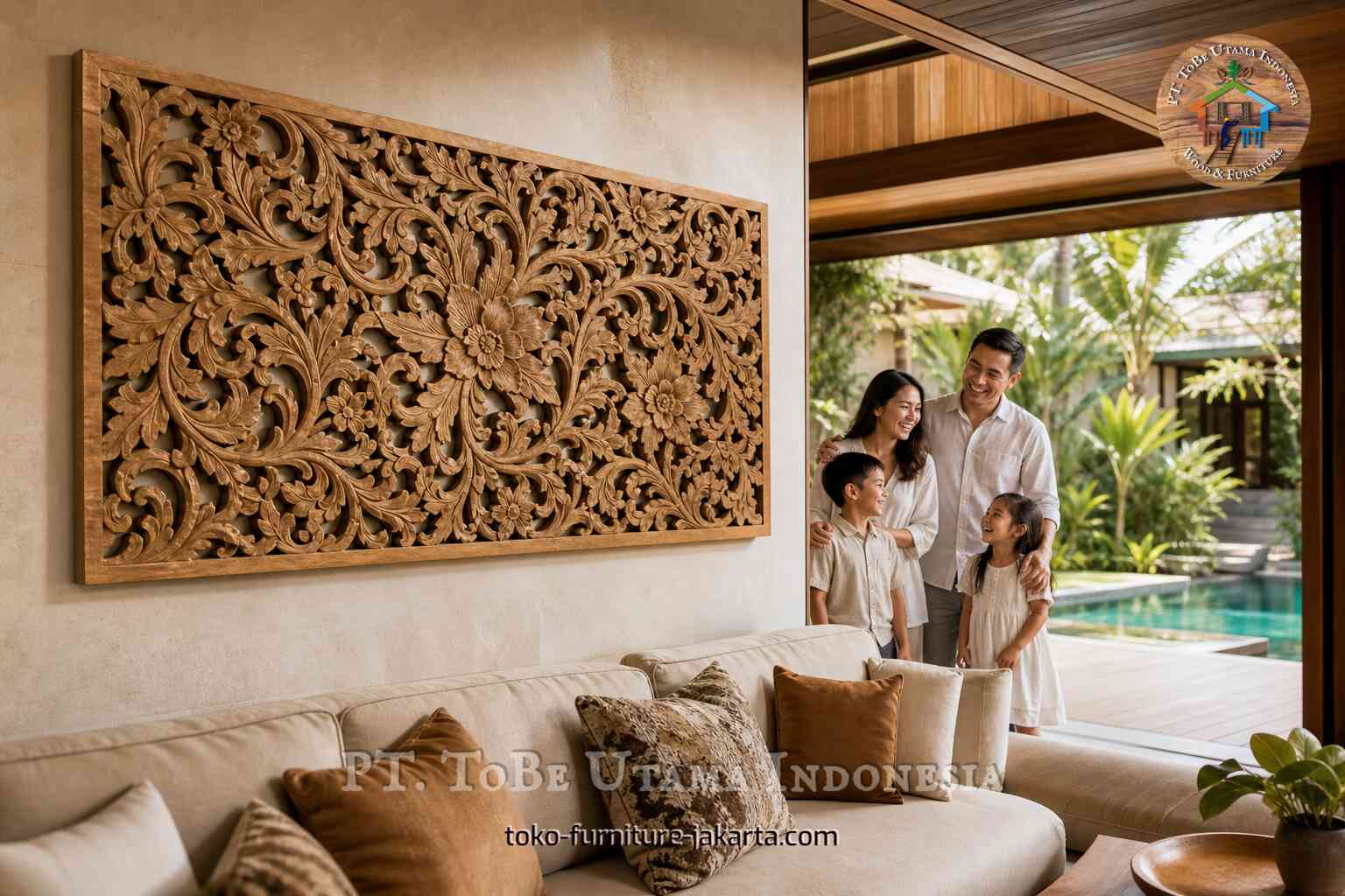 Wood-finish floral relief wall panel above a living room sofa